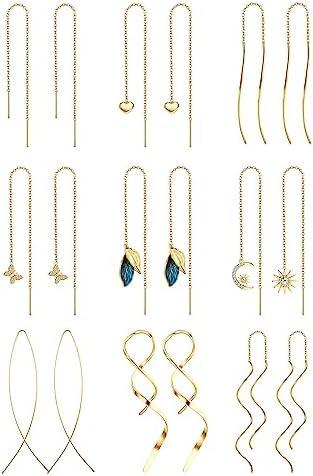 ORAZIO 9 Pairs Threader Earrings for Women Stainless Steel Chain Tassel Earrings Lightweight Double Twist Wave Heart Moon Leaf Threader Dangle Drop Earrings Minimalist Long Chain Earrings Set