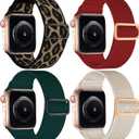 4 Pack Stretchy Solo Sport Band Compatible with Apple Watch Bands 40mm 44mm 45mm 46mm 42mm 41mm 49mm 38mm Women Men Nylon Elastic Loop Braided Strap for iWatch Series 11 10 9 8 7 6 5 4 Ultra SE 3 2 1 (Red/Apricot/DarkGreen/Leopard)