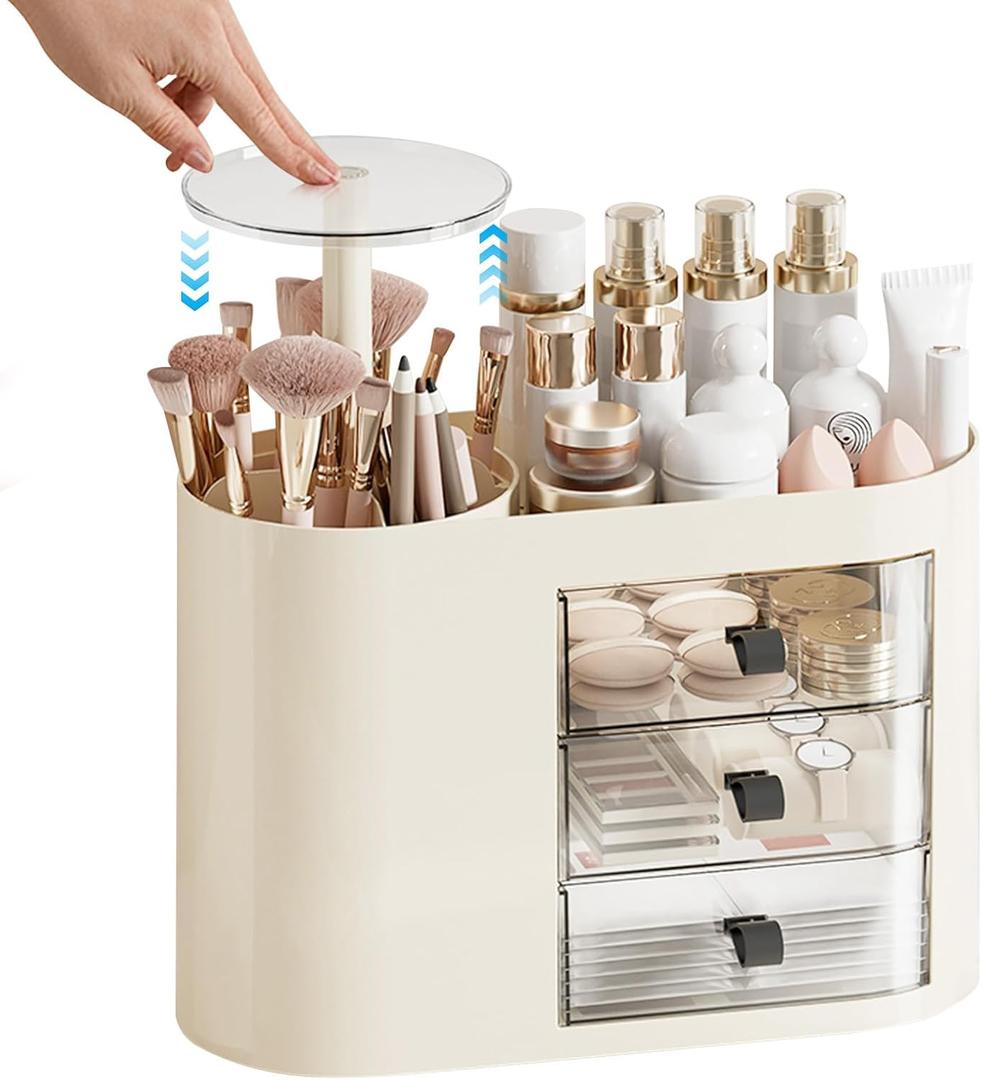 DASITON Makeup Organizer with 3 Drawers,Automatic Lifting Makeup Brush Holder with Lid, Large Capacity Makeup Organizers for Vanity, Bathroom Countertop, Ideal Storage Skin Care, Brushes, Lipstick (Cream)
