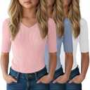 LessonZoo 3 Pack Girls T Shirts Tween Summer V Neck Cute Fitted Tops Fashion Trendy Basic Tees for Kids(Light Pink, Light Blue, White,7-8 Years)