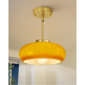 Yunnix Semi Flush Mount Ceiling Light, Gold Light Fixture, Mid-Century Modern Farmhouse Brown Glass Small Light Fixtures for Hallway, Bathroom, Kitchen, Bedroom, Living Room, Closet, Laundry (11 inch)