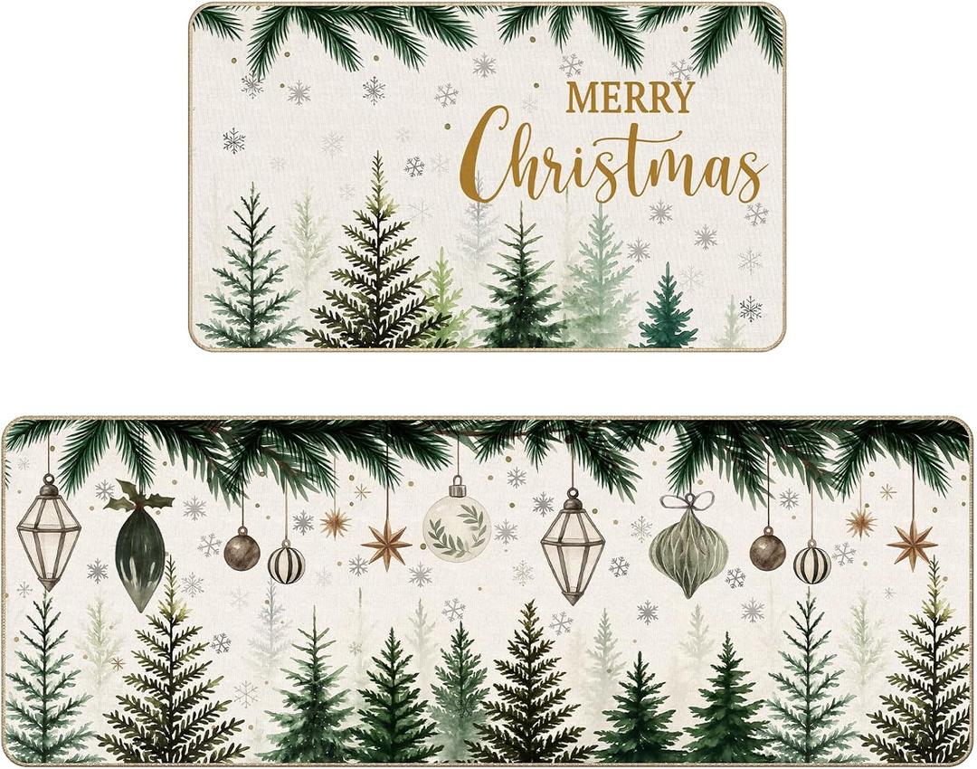Tinideya Neutral Christmas Kitchen Mats Rugs Set of 2 Xmas Tree Farmhouse Merry Christmas Winter Holiday Mat Decor Non Slip for Indoor Home Kitchen Floor Bathroom(Xmas Tree)