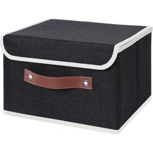 3 Pack Storage Bin with Lid Storage Boxes with PU Leather Handles PP Plastic Board Decorative Foldable Lidded Cotton Linen Fabric Home Cubes Baskets Closet Organizer Container - Black, Small Size