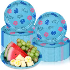 Zhehao 50 Pcs Birthday Party Plates 9 Inch Blue Cartoon Theme Disposable Paper Plates Tropical Hawaii Party Decorations for Summer Holiday