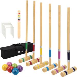 Pointyard Six Player Croquet Set with Premium Wooden Mallets 28 in, Colored Ball, Wickets, Stakes, Perfect Outdoor Game, Yard Game, Party BBQ Game for Adults & Families (Includes Sturdy Carrying Bag)