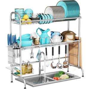 MOUKABAL Dish Drying Rack - Stainless Steel Over The Sink Dish Drying Rack (Expandable Length), 2 Tier Large Dish Rack with Utensil Holder, 32.3" - 33.9"(L) x 11.4"(W) x 32.3"(H) Silver