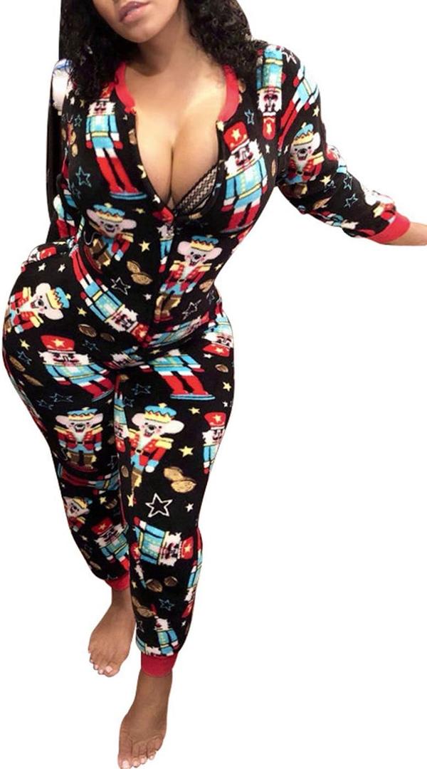 VNVNE Women's One Piece Onsie Print Sleepwear Ugly Christmas Pajamas Jumpsuit Rompers Clubwear Nightwear (L)