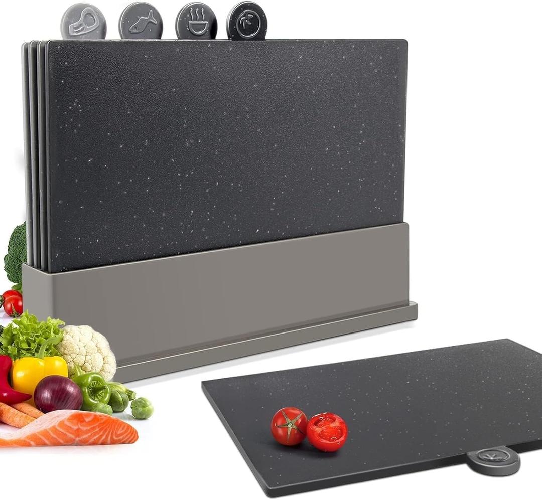 Masthome Index Chopping Board Set, 4-Pieces Plastic Cutting Boards with Food Icons and Storage Stand, BPA Free, Dishwasher Safe, Professional Chopping Board Set for Kitchen Masthome Index Chopping Board Set, 4-Pieces Plastic Cutting Boards with Food Icons and Storage Stand, BPA Free, Dishwasher Safe, Professional Chopping Board Set for Kitchen