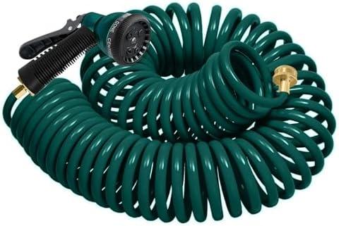 Coil Hose 25FT EVA Coil Garden Hose With 3/4'' Brass Connector Coiled Water Hose Lightweight And No Kink Includes 7 Patterns Spray Nozzle For Outdoors Lawn Watering Car Washing