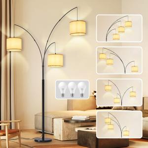 DLLT Modern Floor Lamp for Room: 3Light Black Tree Dimmable Floor Lamps with Beige Shades for Living Room  Arc Standing Lamp for Bedroom  Tall Floor Lamp for Office Corner 3 LED Bulbs Included