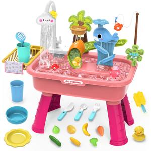 Water Table for Toddlers 1-3Water table with pumpToy Kitchen Sets for kids ages 4-8, Play Sink with Running Water & Electric FaucetIncludes Play Vegetables, Tableware & Fishing Game (Pink)