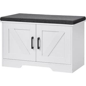 HOMSHO 2-Tier Storage Bench, 27.6" Wide Shoe Bench with Padded Seat Cushion, Entryway Bench with 2 Barn Doors and Adjustable Shelf, White