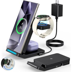 Foldable Wireless Charger for Samsung, 3 in 1 Fast Wireless Charging Station Stand for Samsung Galaxy S25 Ultra S24/S23/S22/S21/Note/Z Fold 7 ZFlip 7/6/5,Galaxy Watch 8/Ultra/7/6/5, Galaxy Buds, Black