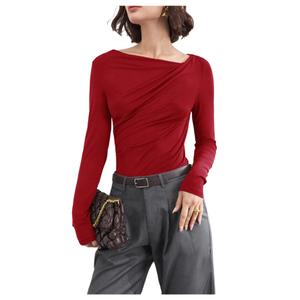 SweatyRocks Women's Ruched Long Sleeve Tops Asymmetrical Neck Fitted T Shirts Work Top Red Medium