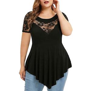 Chvity Womens Plus Size Tops O-Neck Asymmetric Short Sleeve Tunics Lace Blouse Shirts for Summer Casual S-5X, Black XL Chvity Womens Plus Size Tops O-Neck Asymmetric Short Sleeve Tunics Lace Blouse Shirts for Summer Casual S-5X, Black XL
