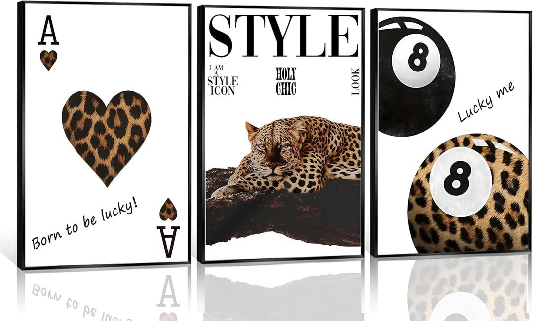 3Pcs Fashion Leopard Print Canvas Wall Art Cheetah Paintings Wall Decor Stylish Lucky 8 Ball Posters Prints College Style Room Aesthetic Pictures for Girls Bedroom Apartment Dorm Decoration Unframed (Brown and Black)