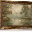 Vintage Gold Framed Swan Lake Wall art, Romantic Landscape Oil Painting Canvas Print, Rural Forest Lake Cottagecore Picture, Rustic Farmhouse Poster Artwork for Living Room Bedroom Bathroom, 24"L x 16"W