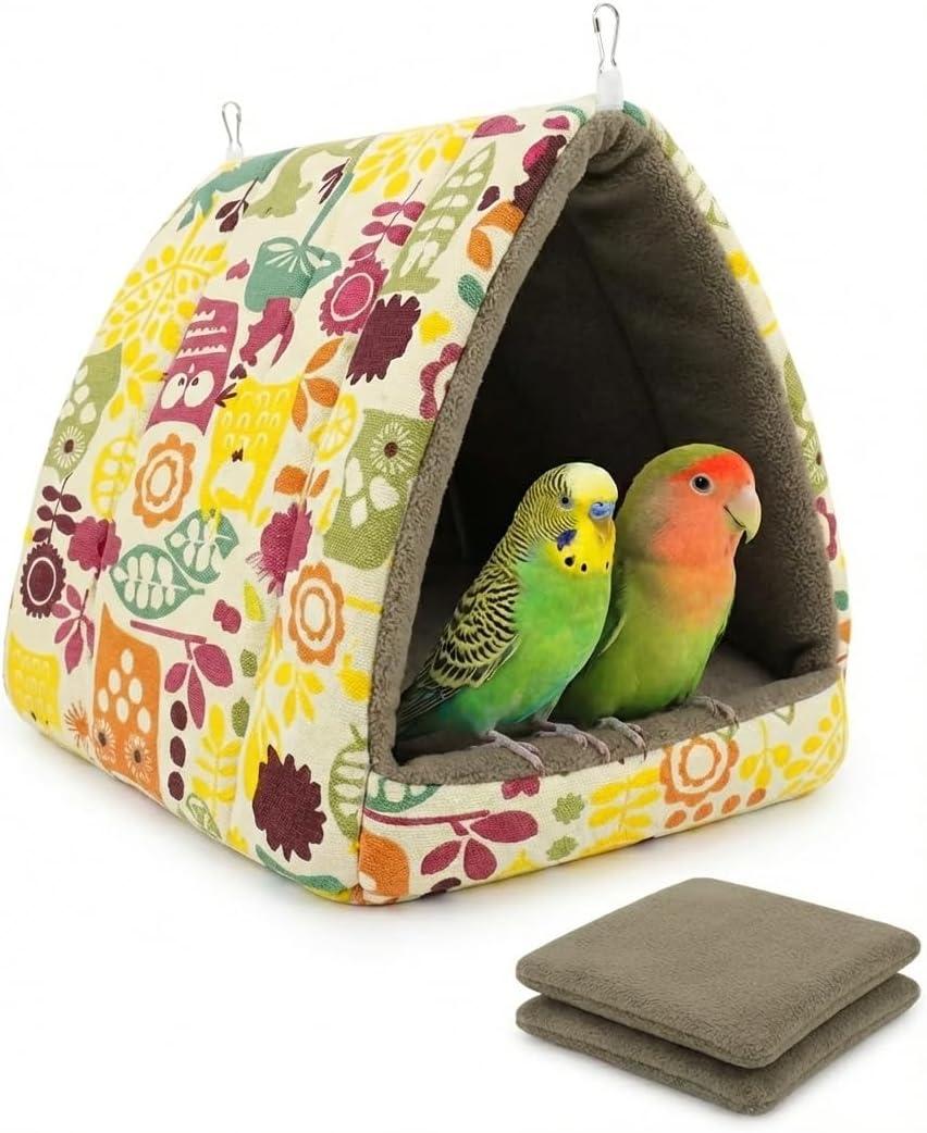 ANZOME Warm Bird Nest Hammock for Cage  Claw-Safe Anti-Tangle Fleece Winter Snuggle Hut with Reinforced Anti-Collapse Walls & 2 Washable Mats  Large Hanging Cave for Conures, Cockatiels, Parakeets (Triangle Bed  Large (10.2 in))