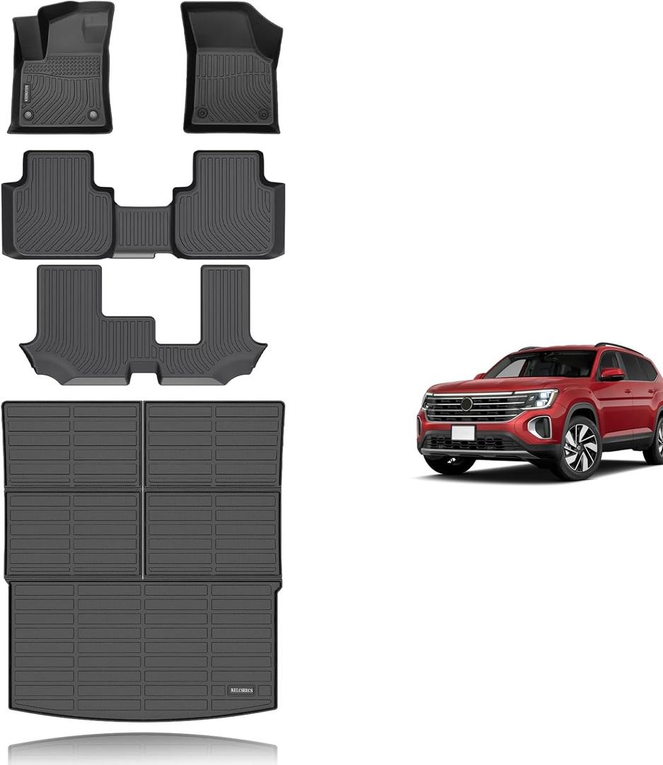 KELCSEECS Floor Mats & Cargo Liner Custom for Volkswagen Atlas 2025 2024-2018 (7 Passenger Bench) All Weather Protection Anti-Slip TPE Floor Liners Full Set Volkswagen Atlas Accessories Black