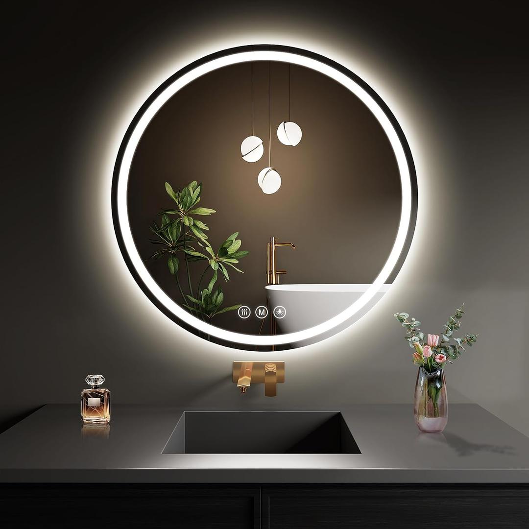 LED Bathroom Mirror 26 Inch Round Bathroom Mirror with Lights, Circle Wall Mirror with 3 Colors Brightness, Anti-Fog for Bathroom Vanity, Entryway Living Room