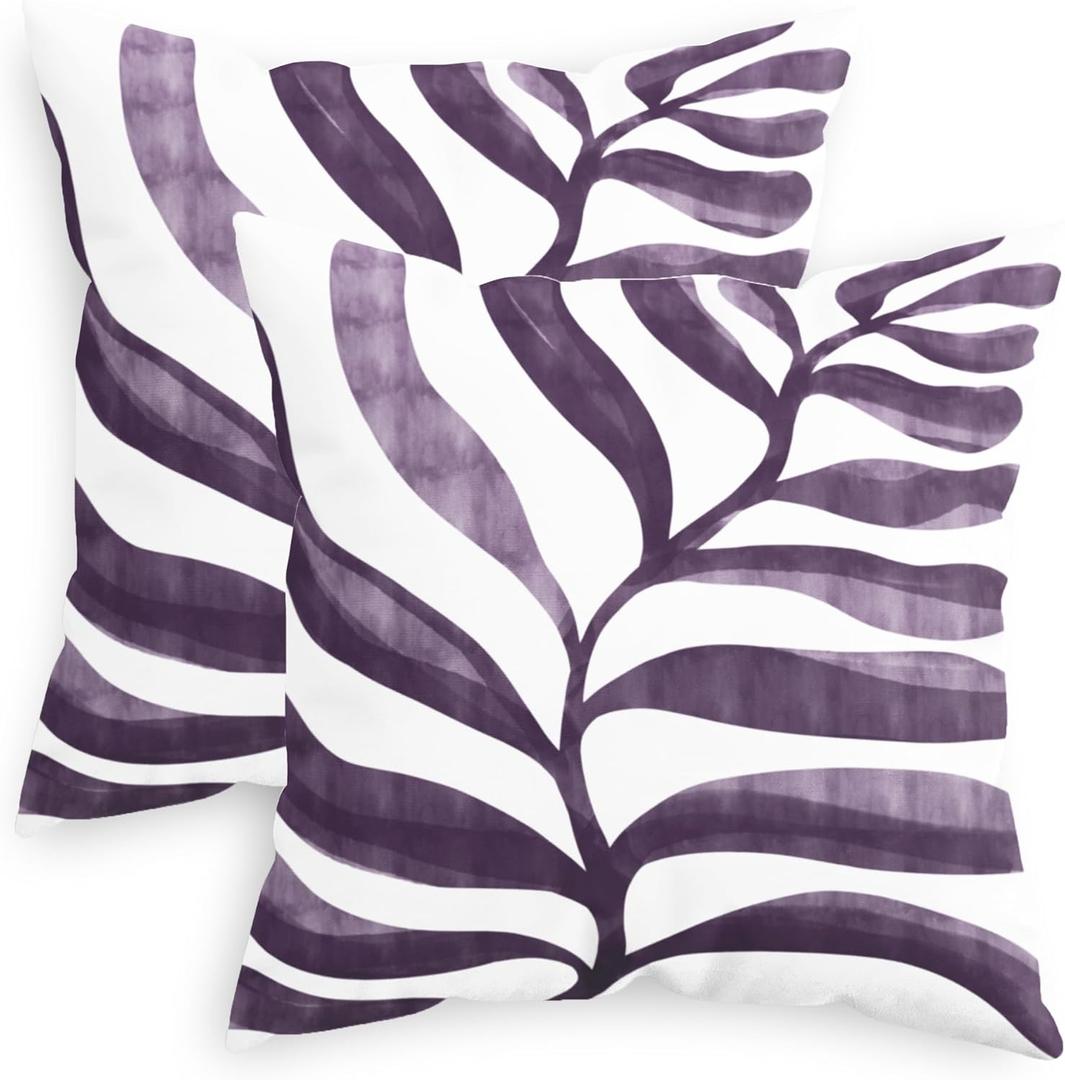 CaliTime Throw Pillow Covers Decorative 18 X 18 Inches Pack of 2 Cozy Fleece Modern Abstract Plant Leaves Cushion Cases for Couch Bed Sofa Farmhouse Decoration Deep Purple
