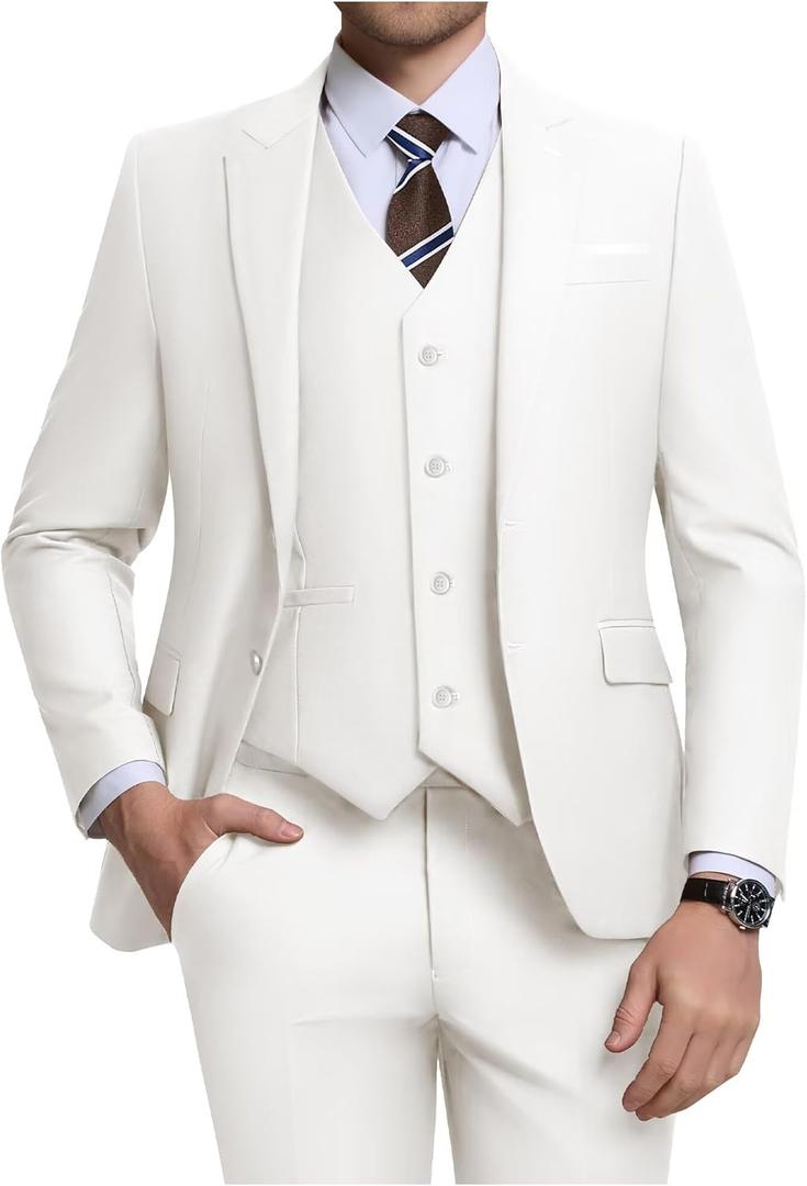 Men's 3 Piece Slim Fit Suit Set, Two Button Blazer Solid Jacket Vest Pants Wedding Business Suit (Medium, Ivory)