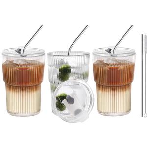 HIGIINC Iced Coffee Cups With Lids and Straws 3 Pcs, 16 OZ Unbreakable Glasses Drinking Set,Clear Plastic Cups Reusable Iced Coffee Tumbler with Lid and Straw, To Go Coffee Cups Dishwasher Safe