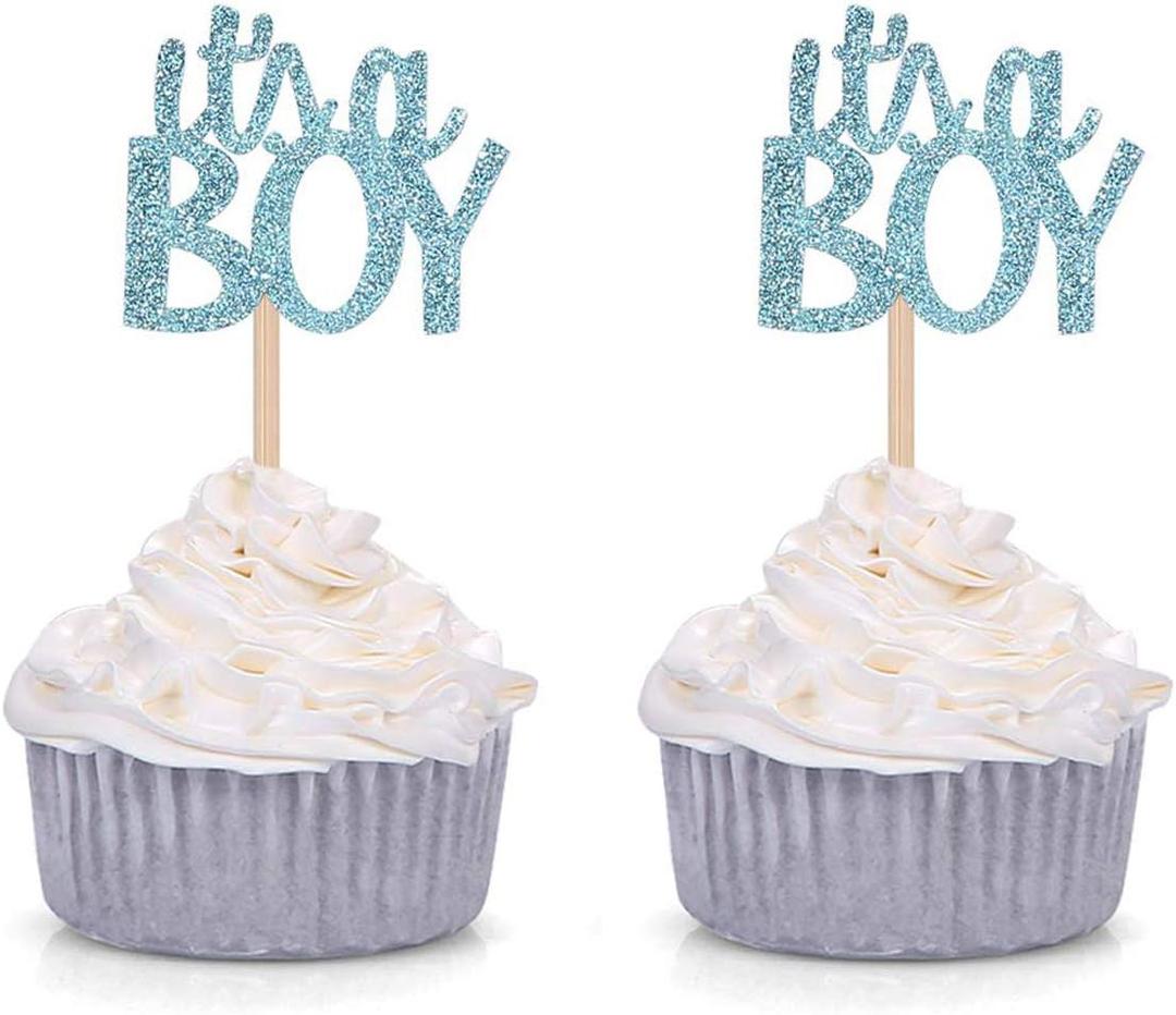 Blue Glitter It's a Boy Cupcake Toppers Gender Reveal Party Baby Shower Decorations Picks - Set of 24