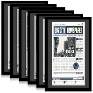 DoubleFill 14x24 Newspaper Frame with Mat, Displays 11x22 Newspaper, Wall Hanging Picture Poster Frame for Media Article Document(Black Mat,6 Pcs)