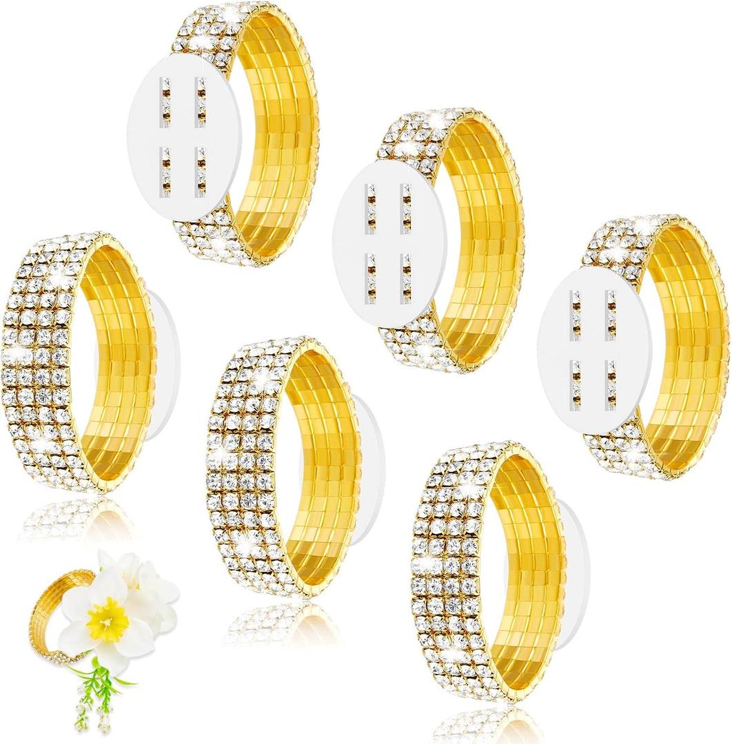 Junkin 6 Pcs Corsage Wristlet Bands Rhinestone Bracelet Wristlets Stretch Elastic DIY Wrist Rhinestone Bracelet for Wedding Decor Prom Anniversary (Gold)