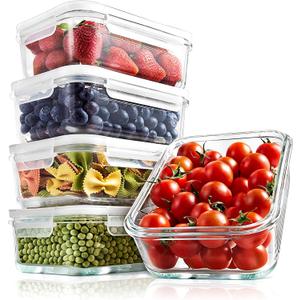 NutriChef 10-Piece Superior Glass Food Storage Containers Set (5 Containers + 5 Locking Lids),Stackable Meal-prep Design, BPA-free Airtight Clear Locking lids with Vent Lids & Air Hole, NCCLX5 (Transparent)