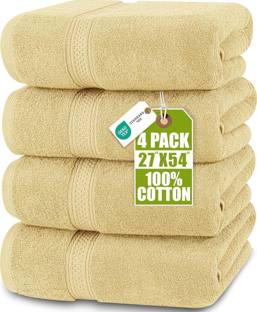 Utopia Towels 4 Pack Premium Bath Towels Set, 27 by 54 Inches, 100% Ring Spun Cotton 600GSM, Lightweight and Highly Absorbent Quick Drying Towels, Perfect for Daily Use, Beige