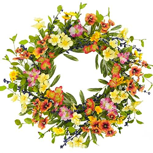 20 inch Spring Summer Wreaths for Front Door Floral Wreath with Colorful Wildflowers,Eucalyptus Leaves,Olive Leaves,Small Berries for Indoor Outdoor Farmhouse Home Wall Window Festival Decoration