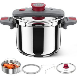 MICHELANGELO Stovetop Pressure Cooker Stainless Steel, 6.3 qt, 304 Stainless Steel, 6-Fold Safety System, One-Hand Easy-Open Lid, 2 Pressure Settings, Induction Compatible, Steamer Basket & Glass Lid