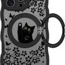 Wavy Case for iPhone 16 Pro Case with Stand [Compatible with MagSafe] Cute Black Cat & Floral & Butterflies Pattern Design, Kawaii 360 Magnetic Ring Kickstand Phone Cover for Women Girls