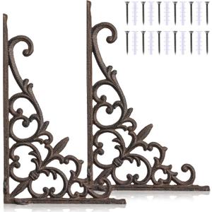 2 Pack Cast Iron Decorative Shelf Brackets 9 x 6 Inch Large Antique Style Wall Mount Shelf, 90 Right Victorian Bookshelf Brackets for DIY Floating Shelves Wall Decorative