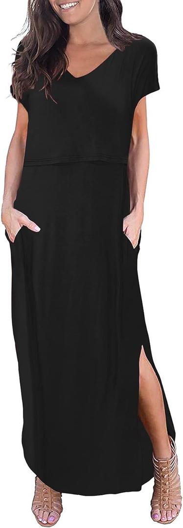 Smallshow Women's Maternity Nursing Dresses Split Long Dress for Breastfeeding (X-Large, Black)