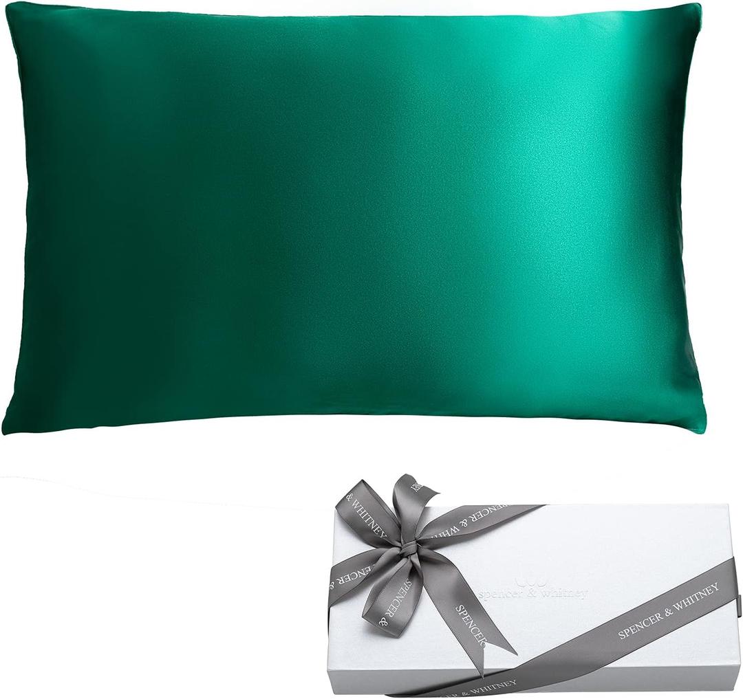 spencer & whitney Silk Pillowcase for Hair and Skin Health with Hidden Zipper 100% Mulberry Silk Bed Pillowcase Both Side 22 Momme Silk(Green)