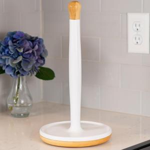 DAILY RITMO White Countertop Papertowel Holder | Aesthetic Resin Marble & Ceramic Like with Modern Bamboo Wooden Weighted Base & Wood Top