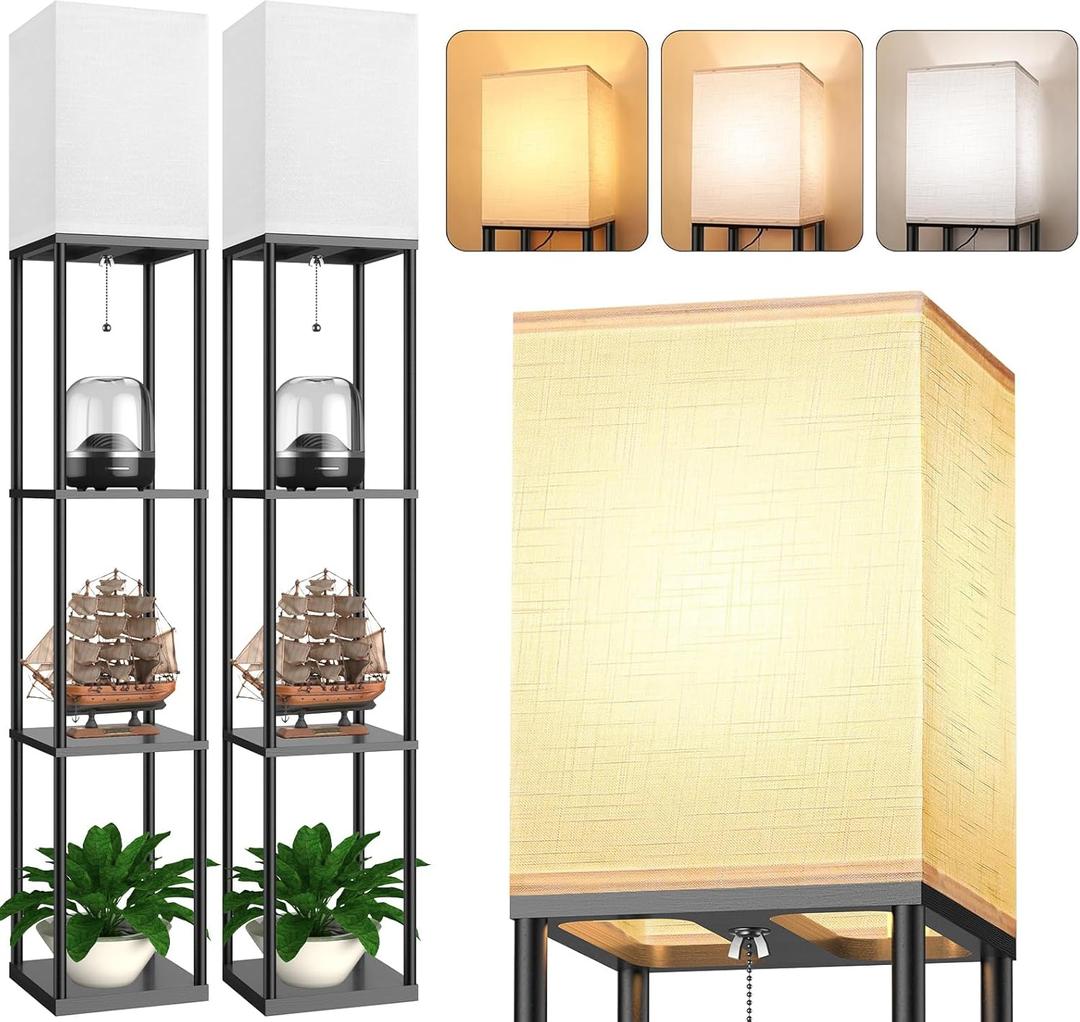 Floor Lamp with Shelves for Living Room 2 Pack, Shelf Floor Lamp with 3 CCT LED Bulb, Corner Display Standing Column Lamp Etagere Organizer Tower Nightstand with White Linen Shade for Bedroom, Office (Black)