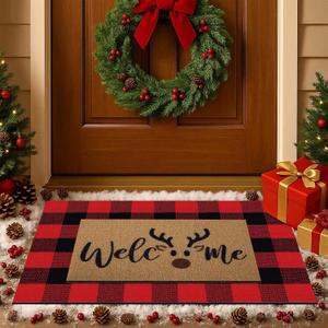 Tinideya 2 Pcs Christmas Door Mat Brown Elk Welcome Non Slip Coir Mats Merry Xmas Black Red Buffalo Plaid Floor Layering Doormats Seasonal for Front Porch Entryway Decor(Brown Elk)