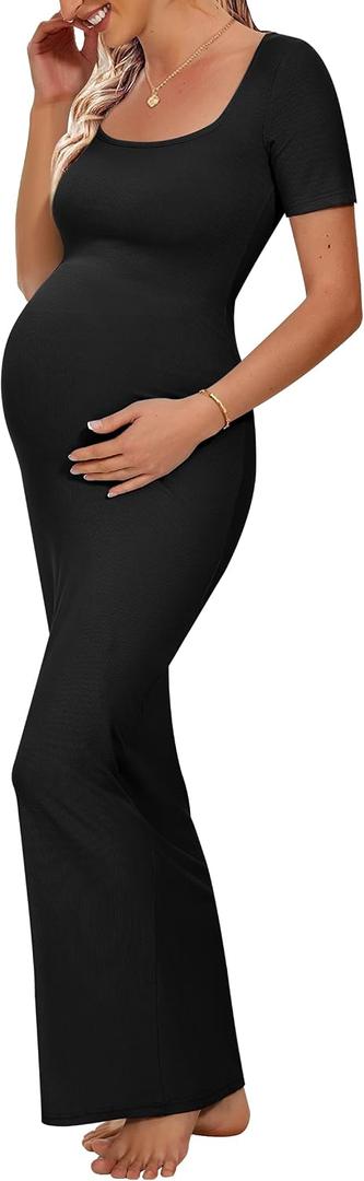 Peauty Maternity Square Neck Bodycon Dress Ribbed Maxi Maternity Dress Photoshoot Short Sleeve Baby Shower Dress, Size: X-Large