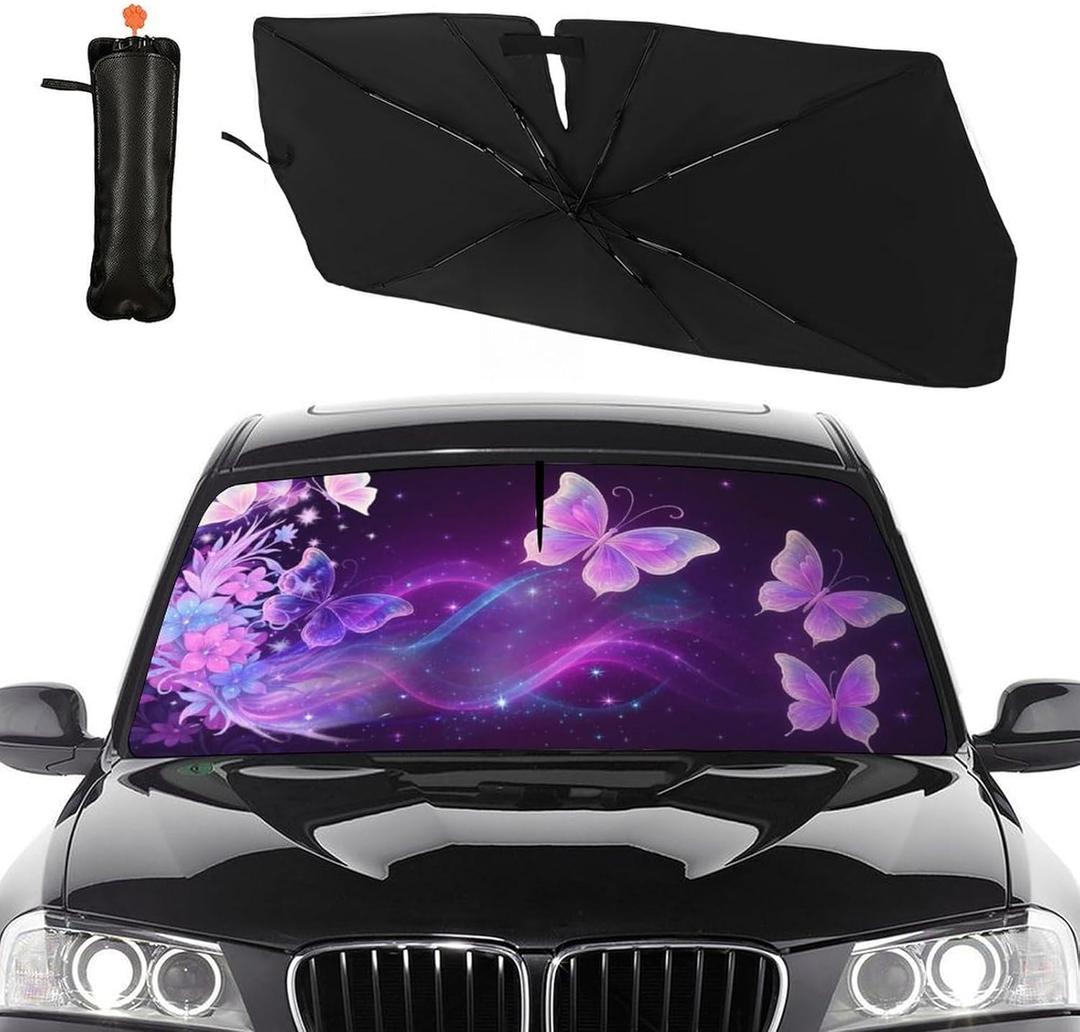 Butterfly Flowers Car Windshield Sun Shade Umbrella Bendable Handle Foldable Funny Sunshade for Car Windshield Block UV Rays Keep Vehicle Cool for Most Sedans SUV Trucks Cars 57"x30"