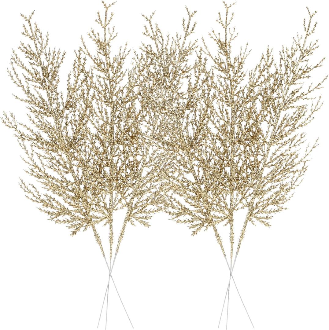 Sea Team 24-Pack Artificial Glitter Pine Tree Twig Ornaments, Decorative Sticks, Glittery Stems, Picks, Branches for Christmas Tree, Small Vase, Holiday, Wedding, Party (14 Inches, Gold)