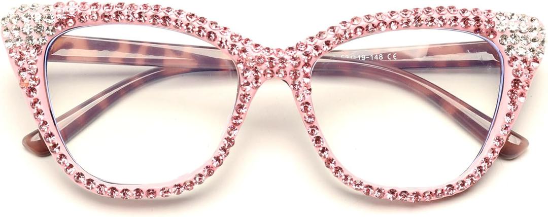 ICARA Women Reader Diamond Reading Glasses for Lady Vintage Crystal Rhinestone Sparkling Eyewear (Pink/White)