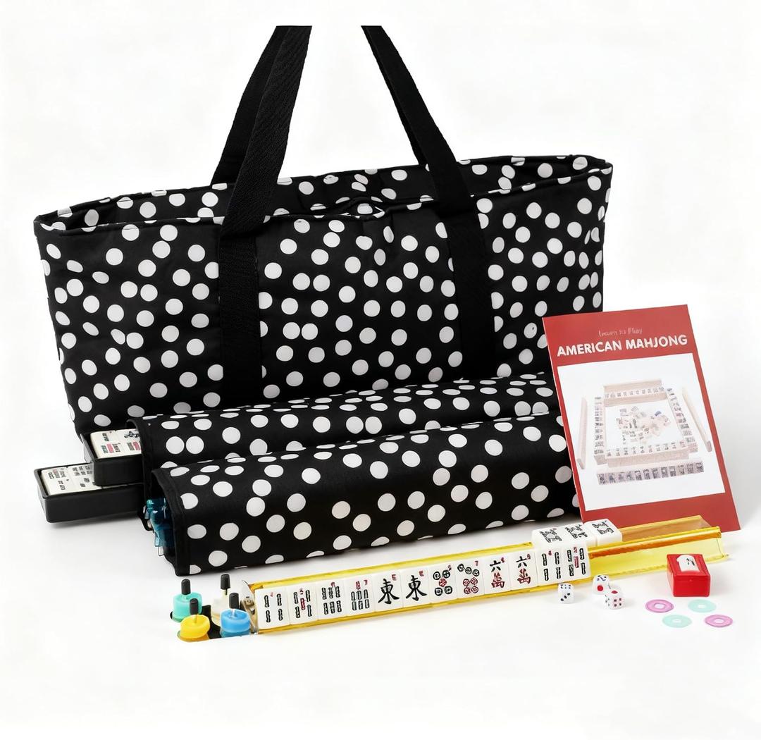 IFNOW American Mahjong Game Set - Portable Bag 166 Premium Tiles with 4 All-in-One Rack,100 Chips, Wind Indicator, English Manual Easy Carry Full Size Complete Mahjong Set (Polka Dot Bag Mahjong Set)