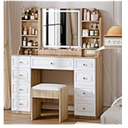 Arulvmrn 43" Makeup Vanity Desk with Mirror and Lights, & Power Outl, Glass Top Big Vanity Table with 9 Drawers& 8 Storage Shelves, Dressing Table Set with Chair for Bedroom, Light Brown oak