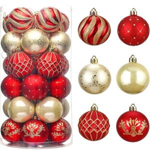 30pcs Colored Christmas Balls Ornaments for Xmas Tree Shatterproof Christmas Tree Hanging Balls Decoration for Holiday Party Wedding Decoration Set with Hang Rope 2.36"(Red & Gold)