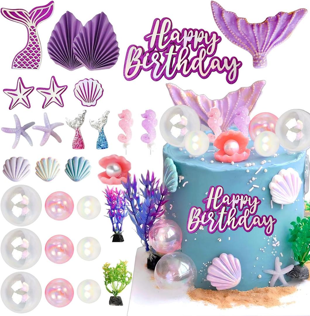 29Pcs Mermaid Cake Toppers, Tyotrbs MermaidCake Decorations MermaidBirthday Cake Decor Little Mermaid Cake Topperfor Summer and Ocean Birthday Party Decorations (Colorful)
