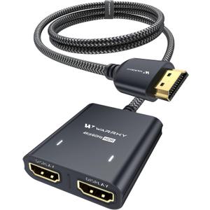 WARRKY HDMI Splitter 4K, 1x2 HDMI Display Duplicate/Mirror, HDMI Splitter 1 in 2 Out [Metal Shell, 3.3 Ft Braided HDMI Cable, LED Indicators], USB-C Powered Splitter, Black-4K@60Hz HDR